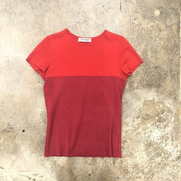 YSL Yves Saint Laurent Top Color Block Ribbed Short Sleeve Red Fuchsia Pink - Picture 1 of 6